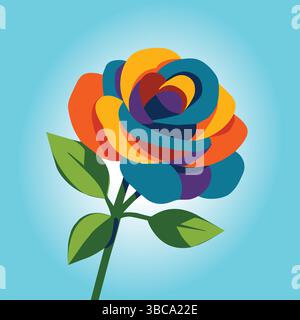 Eine lebendige abstrakte Illustration einer Rose mit bunten Blütenblättern in Blau-, Rot-, Orange-, Gelb- und Lila-Tönen. Gegen einen hellblauen Hintergrund Stock Vektor