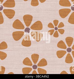 Ein nahtloses, im Retro-Stil inspiriertes Blumenmuster mit kräftigen Pflaumenfarbenen Gänseblümchen mit Creme auf einem strukturierten Hintergrund aus taupefarbenem Leinen. Stock Vektor