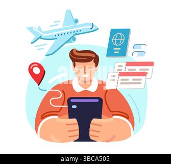 Man kauft oder Bucht Flugtickets online über die mobile App auf dem Smartphone. Reiseanwendung für Flugzeuge Stock Vektor