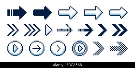 Satz von Pfeilsymbolen für Pixelbilder. Gepixelte Pfeile für Navigation, Benutzeroberfläche oder Videospiel-Design. Vektorabbildung Stock Vektor