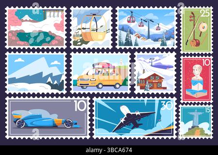 Versandmarkierungen. Touristische Postkarte Briefmarken, Sommer Urlaub Brief Post Aufkleber mit Attraktionen Japan Brasilien Berge Schnee Ski Resort Markierung Vektor Illustration Original Kunstwerk Stock Vektor