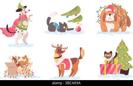 Weihnachtliche Haustiere. Cartoon nette Hund Katze Winter Feiertagsdekoration, lustige Haustier Tiere im weihnachtsmann Kostüm mit fröhlichen Weihnachtsgeschenk Glückliche Katze Welpen Schal Pullover, klassische Vektor Illustration Original Artwork Stock Vektor