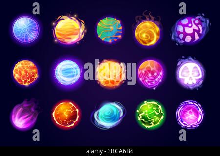 Zauberkugeln für Zeichentrickfilme. Energy Balls Fantasy 2D Spiel vfx Effekt, okkulte Kugel Energie Glow Kugel Wasser Feuer Ball Magier Geheimnis Kugel Feuerball Feuerball glänzende Kristall, Swanky Vektor Illustration Original Artwork Stock Vektor