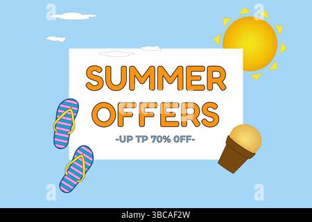 Sommer-Werbebanner mit Flipflops, Eis, Sonne und auffälligem Rabatttext auf blauem Hintergrund. Für sommerliche saisonale Werbeaktionen, soziale Medien, online Stock Vektor