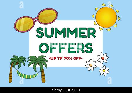 Sommer-Werbebanner mit Sonnenbrille, Sonne, Palmen, Blumen und auffälligem Rabatttext auf blauem Hintergrund. Für Sommerwerbung, soziale Medien, Onlin Stock Vektor