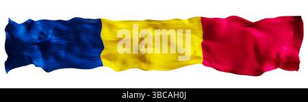 Stilisierte Flagge des Tschad winkt im Wind, isoliert auf weißem Hintergrund. Fußzeile, Kopfzeile oder Trennzeichen. Breiten Panoramaausschnitt. Banner für Stockfoto