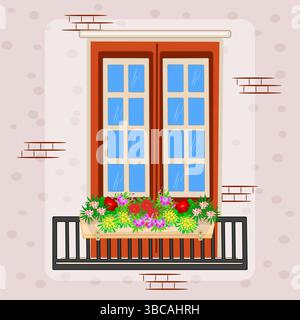 Balkon und Fenster der Haus- oder Apartmentfassade mit Blumen im Topf. Balkon dekoriert mit Blumen. Pflanzen in Töpfen auf Fensterbank. Vektor Stock Vektor