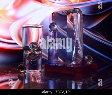 Glasmarmor und transparente Flaschen mit buntem abstrakten Hintergrund Stockfoto