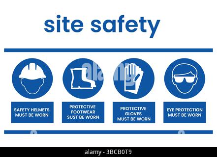 Satz von Schildern für Sicherheitsausrüstung. Obligatorische Bau- und Industriezeichen. Sammlung von Sicherheits- und Gesundheitsschutzausrüstungen. Arbeitsschutz. Stock Vektor