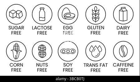 Symbole zum Freisetzen von Allergenen. Allergenfreie Produkte. Warnsymbole für Produkte. Lactose, Gluten, Zucker, Mais, Ei, Transfett, Soja, Nüsse frei, Koffein-Zeichen Stock Vektor