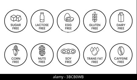 Symbole zum Freisetzen von Allergenen. Allergenfreie Produkte. Warnsymbole für Produkte. Lactose, Gluten, Zucker, Mais, Ei, Transfett, Soja, Nüsse frei, Koffein-Zeichen Stock Vektor