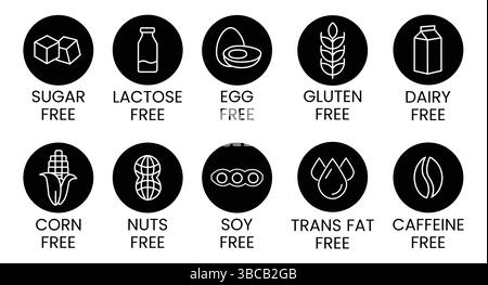 Symbole zum Freisetzen von Allergenen. Allergenfreie Produkte. Warnsymbole für Produkte. Lactose, Gluten, Zucker, Mais, Ei, Transfett, Soja, Nüsse frei, Koffein-Zeichen Stock Vektor