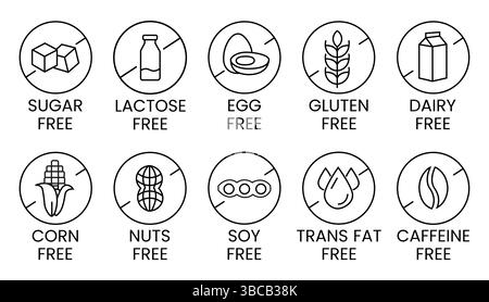 Symbole zum Freisetzen von Allergenen. Allergenfreie Produkte. Warnsymbole für Produkte. Lactose, Gluten, Zucker, Mais, Ei, Transfett, Soja, Nüsse frei, Koffein-Zeichen Stock Vektor