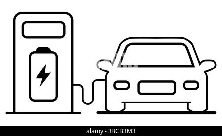 Elektroauto mit Steckersymbol, EV-Auto, Logotype für Ladepunkt für grüne Hybridfahrzeuge, umweltfreundliches Fahrzeugkonzept. Vektorabbildung Stock Vektor