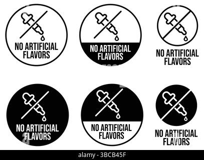 Kein Etikett für künstliche Aromen. Künstliche Aromen kostenlose Illustration für Logo, Zeichen, Symbol, Abzeichen oder Emblem der Produktverpackung. Zertifiziert ohne Chemikalien Stock Vektor