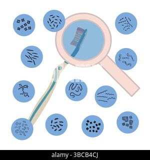 Vektorisolierte Darstellung von Bakterien auf einer Zahnbürste. Häufigkeit des Zahnbürstenwechsels. Regeln für die Aufbewahrung einer Zahnbürste. Stock Vektor