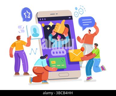 Internet-Netzwerkverbindung, digitales Marketing und soziale Medien. Verwendung verschiedener mobiler Anwendungen auf dem Smartphone Stock Vektor