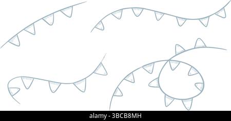 Vektorillustration von Girlanden. Lineare pastellblaue Zeichnung von Wimpeln für Babyduscheinladungen oder kindliche Partygrußkarten. Umrissskizze von Bunting mit Dreiecksfahnen zum Feiern. Stock Vektor