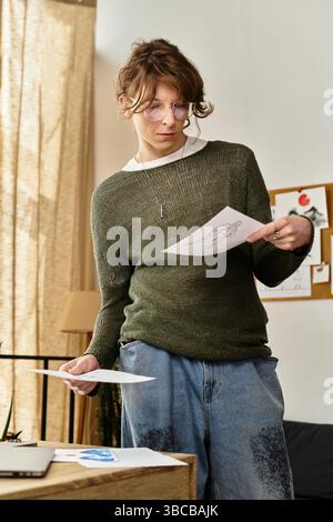 Ein Mann zu Hause liest seine Zeichnungen und Notizen und konzentriert sich dabei auf sein Studium in einer gemütlichen Umgebung. Stockfoto