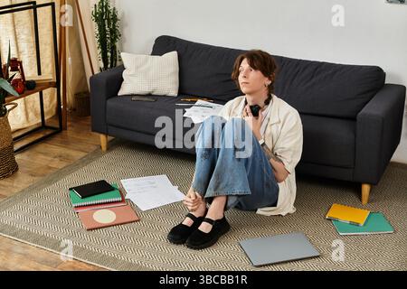 Ein junger Mann sitzt auf dem Boden, nachdenklich umgeben von verstreuten Papieren und Gadgets. Stockfoto