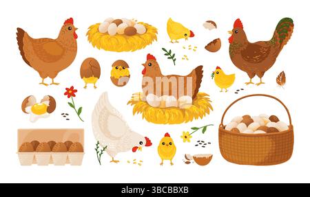Hühnerei. Huhn, Küken auf dem Bauernhof als Tablett, süße Essensschlüpfe zu Ostern. Lustige Vogelfiguren, Baby frisch. Haustiere. Umweltfreundliche Lebensmittel im Korb. Vektor-Cartoon flache Art isolierte Illustration Set Stock Vektor