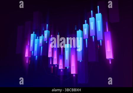 3D-Aktiendiagramm. Investitionsmarkt. Forex-Kerzendiagramm für den Austausch von Wirtschaftsdaten. Digitale Unternehmenstechnologie. Investitions-Infografik-Renderarro Stock Vektor