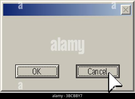Abbildung eines Dialogfensters eines Vintage-Computers im Retro-Pixelstil mit einem Cursor, der auf die Schaltfläche Abbrechen klickt. Klassisches UI-Element des Betriebssystems 90s Stock Vektor