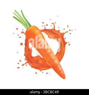 Karottensaft. Orangefarbener 3D-Spritzer. Realistisches pflanzliches Vitamin oder frischer Obstsalat. Veganes Diätgetränk. Sommer transparentes Wassergetränk. Natürliche Flüssigkeit Stock Vektor