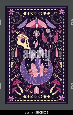 Boho-Hintergrund. Vertikales Banner- oder Posterdesign. Tarot-Abdeckung. Magisches Design drucken. Verschiedene okkulte Symbole und Pflanzen. Schädel und Schmetterling. Böhmisches Muster. Mystische spirituelle Vektor-Illustration Stock Vektor