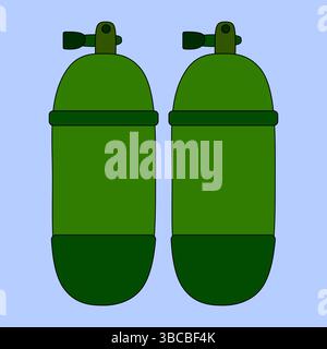 Sommerillustration von grünen Tauchlufttanks auf blauem Hintergrund. Unterwasser-Atemgeräte-Vektor für Tauchen und Meeresaktivitäten. Für su Stock Vektor