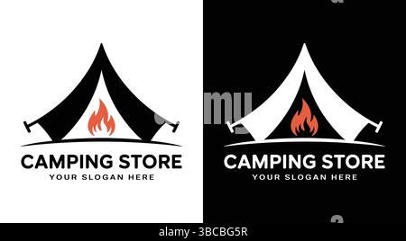 Ein robustes schwarzes Logo kombiniert ein Wildniszelt mit Lagerfeuer und eignet sich perfekt für Campinggeschäfte, Outdoor-Ausrüstungshändler und Abenteuermarken The Strikin Stock Vektor