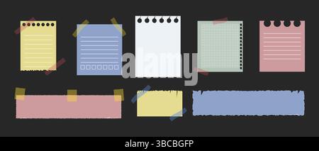Satz von Schulkindern zerrissene Notizen, Scrapbook Papierbögen in einem Quadrat und einem Lineal, Vektor-Illustration von Papierstücken für Collage Stock Vektor