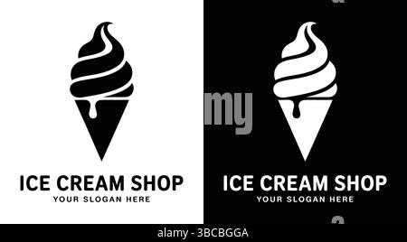 Das auffällige schwarze Logo mit Kegel- und Wirbel-Symbol eignet sich perfekt für Eisdielen, Dessertstuben, Cafés und Lebensmittelmarken, die gefrorene Leckereien und Süßigkeiten anbieten Stock Vektor