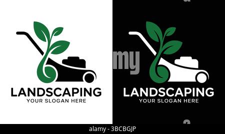 Ein robustes schwarzes Logo, das Rasenmäher und Blattpflanzen kombiniert und für Landschaftsbaubetriebe und Gartenpflegedienste entwickelt wurde. Perfekt für die Rasenpflege Stock Vektor