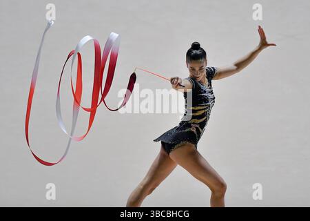 5/17/2025 Italien, Turin 17. Mai 2025 Pala Gianni Asti aus Turin Finale sechs der nationalen Rhythmischen Turnen-Meisterschaft Serie A 2025 Sofia Raffaeli (Fabriano) Tape (Foto: Tonello Abozzi/Pacific Press/SIPA USA) Stockfoto