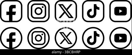 Facebook, Instagram, X, Tik-Tok, Youtube. Social-Media-Logosymbole. Stock Vektor
