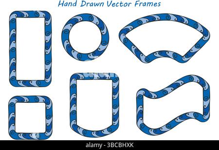 Sea Water Frame, Set mit Doodle-Borte. Handgezeichneter Pinsel mit Tintenflecken, farbiges Bild. Kreiskranz, quadratische, rechteckige geometrische Formen Stock Vektor