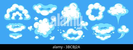 Cartoon Rauch Wolke Vektor mit Comic Staub und Explosion Effekt auf blauem Hintergrund. Rauch- und Wolkenvektorelemente im Cartoon-Stil. Perfekt für Spiele Stock Vektor