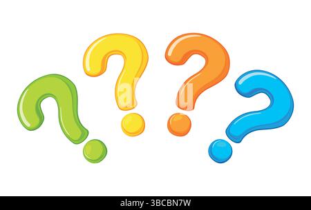 Fragezeichen-Vektor auf weißem Hintergrund. Set aus vier farbenfrohen Fragezeichen im Zeichentrickstil Stock Vektor