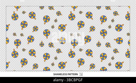 Drehende Pinwheel-Lutscher sind nahtlose Muster mit bunten blauen und gelben Süßigkeiten Stock Vektor