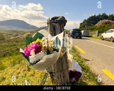 Eine Hommage an die Farm von Michael „Mike“ Gaine in der Nähe von Kenmare in Co Kerry, während die Suche nach dem 56-jährigen Schafzüchter fortgesetzt wird. Am Samstag wurden Teilreste auf Mr. Gaines Farm in Carrig East gefunden und ein Tatort wurde deklariert, als Gardai nach weiteren Überresten suchte. Am Sonntag wurde ein Mann im Alter von 50 Jahren wegen des Mordes an Mr. Gaine verhaftet. Bilddatum: Montag, 19. Mai 2025. Stockfoto