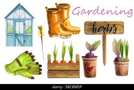Gartenwerkzeuge und -Geräte. Aquarellabbildungen auf weißem Hintergrund. Handgezeichnete Gartensymbole. Stockfoto