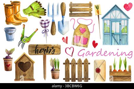 Gartenwerkzeuge und -Geräte. Aquarellabbildungen auf weißem Hintergrund. Handgezeichnete Gartensymbole. Stockfoto