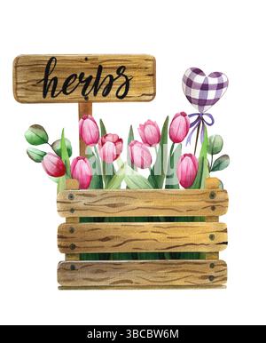 Gartenwerkzeuge und -Geräte. Aquarellabbildungen auf weißem Hintergrund. Handgezeichnete Gartensymbole. Stockfoto