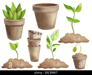 Gartenwerkzeuge und -Geräte. Aquarellabbildungen auf weißem Hintergrund. Handgezeichnete Gartensymbole. Stockfoto