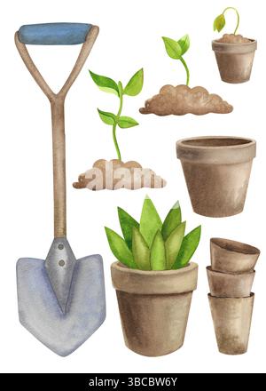 Gartenwerkzeuge und -Geräte. Aquarellabbildungen auf weißem Hintergrund. Handgezeichnete Gartensymbole. Stockfoto
