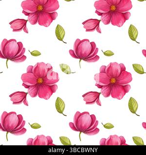 Nahtloses Aquarellreisemuster auf weißem Hintergrund. Handgezeichneter Eiffelturm, Blumen, Blätter, Buchstaben Stockfoto