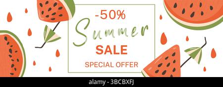 Ein horizontales Banner für den Sommerverkauf mit Wassermelonscheiben und Regenschirmen für Getränke. Sommer Wassermelone Hintergrund mit einem Platz für Text. Poster, Postkarte, Webbanner, Flyer, Werbebroschüre. Stock Vektor