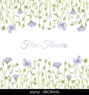 Quadratischer Blumenrahmen aus blauem Leinen und Grün. Blumen- und Blumenschmuck. Handgemalte Wildblumen mit Aquarell für Hintergründe, Grußkarten, Cover, Hochzeitseinladungen Stockfoto