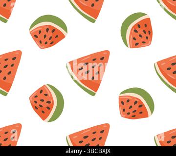 Nahtloses Sommermuster mit saftigen Wassermelonscheiben und süßen Früchten. Erfrischendes Design für Lebensmittel- und Getränkeverpackungen, Textildrucke und Kinderbekleidung. Stock Vektor